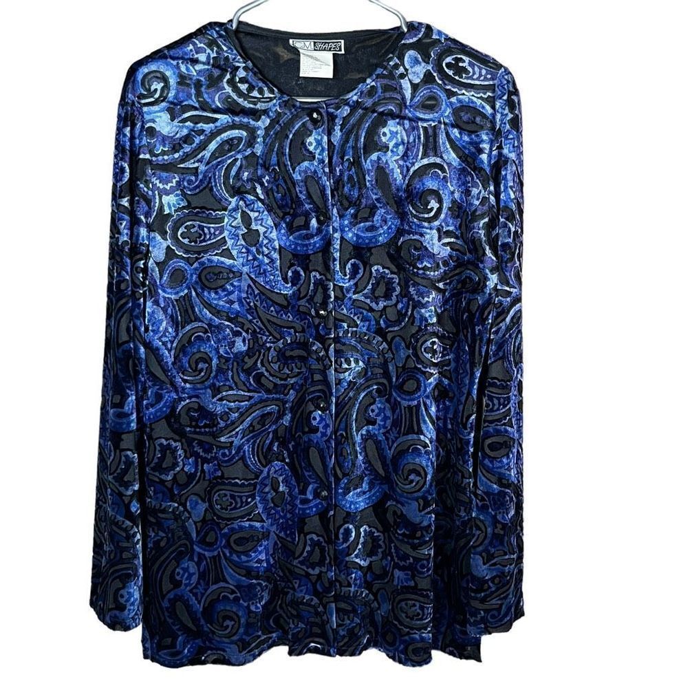 Vintage‎ C.M. Shapes Paisley Print Blue Velvet Long Sleeve Top Size Medium